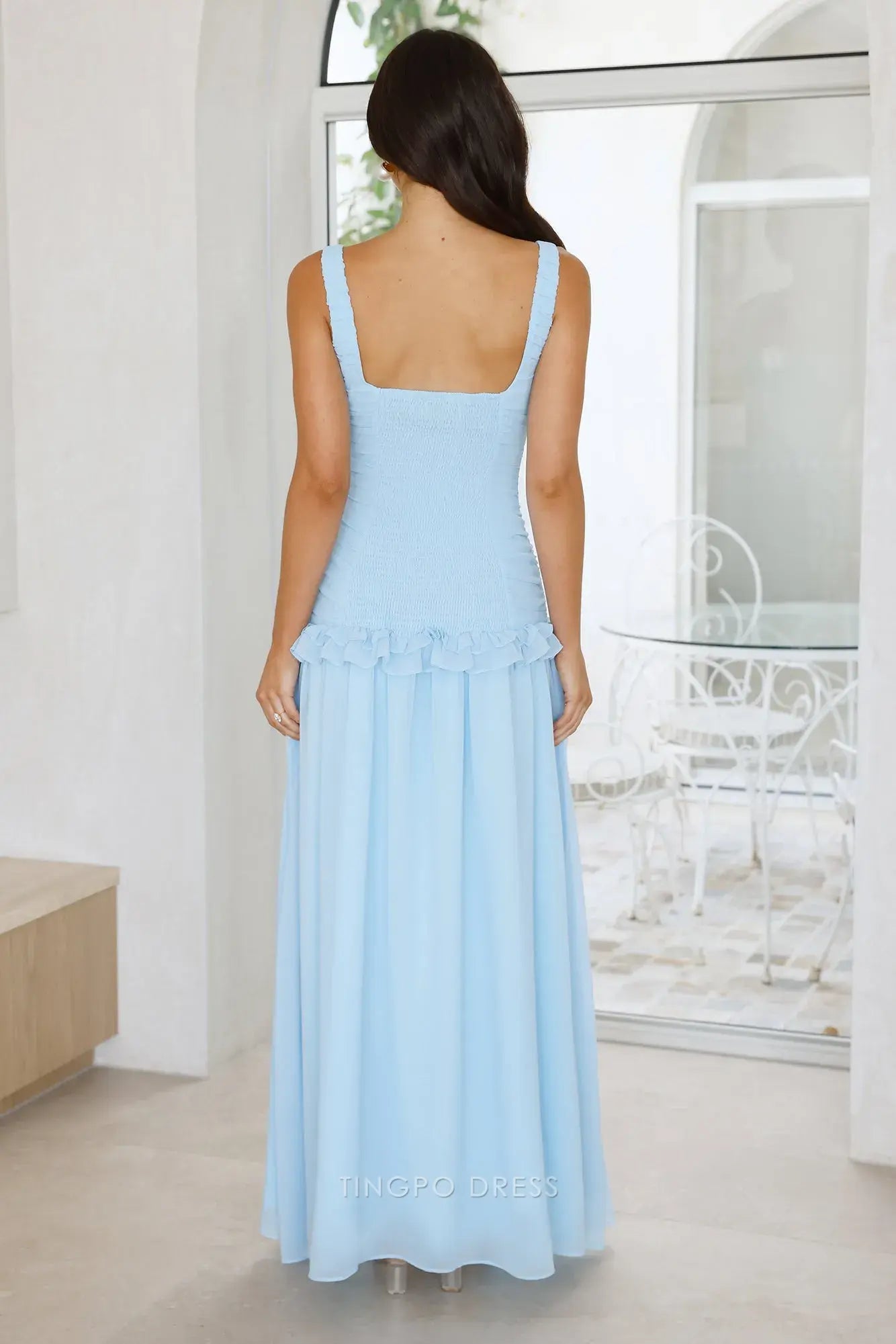 Elegant Square Neck Ruffled Chiffon Maxi Dress Prom Dress
